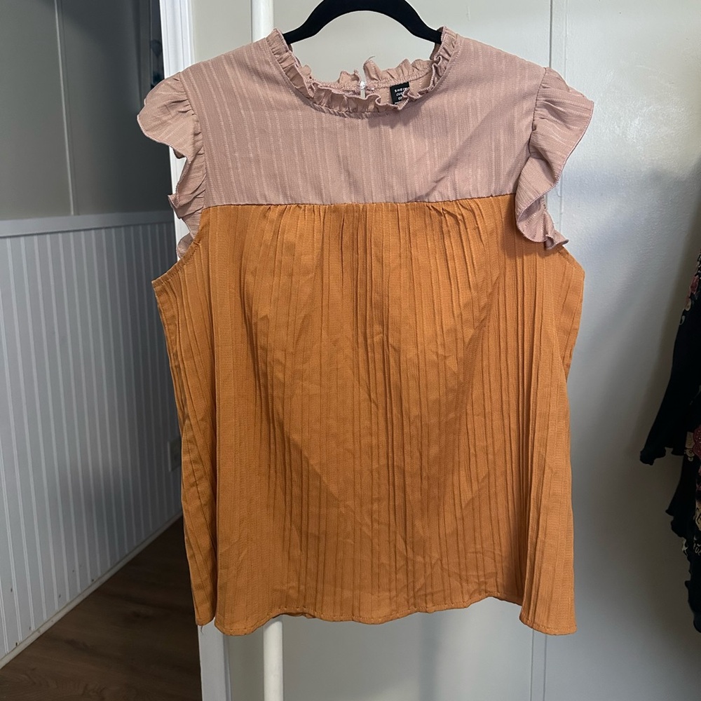 Pink and Orange Colorblock Pleated Shortsleeve Blouse size 0XL